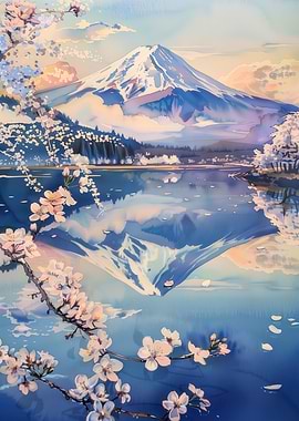 Mount Fuji and Cherry Blossoms Reflection