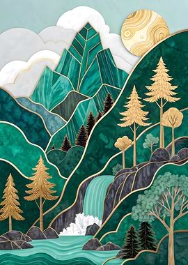 Emerald Geometric Gold Mountain Waterfall Art Print Nature