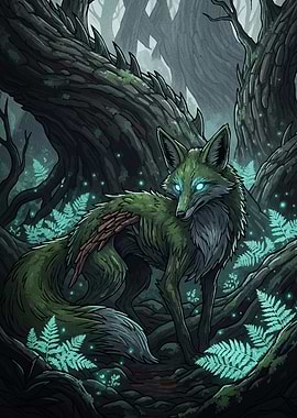 Mystical Green Fox Dark Forest