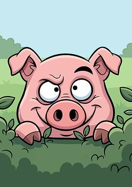 Pig Peeking Over Bush