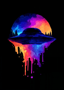 Watercolor UFO over Forest Silhouette