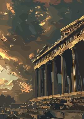 Parthenon Illustration at Sunset