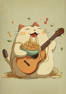 Happy Cat with Spaghetti and Guitar
