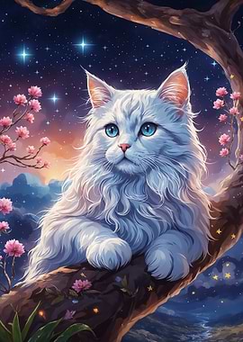 White Cat in Cherry Blossom Tree