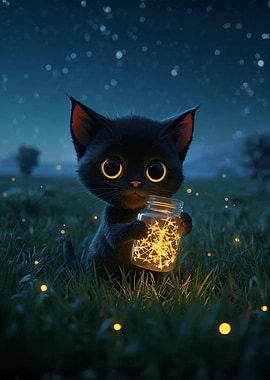 Cute Black Cat with glowing jar filled with bright