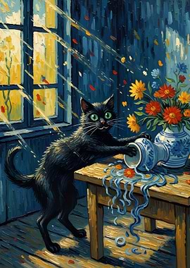 Mischievous Black Cat with Vase