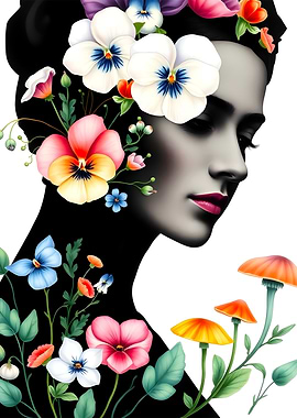 Floral Woman Portrait with Mushrooms