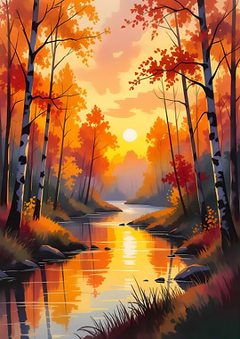Autumn River Landscape at Sunset