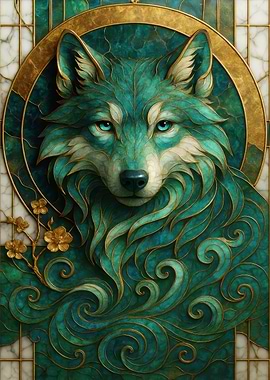 Emerald Wolf Portrait with Golden Accents