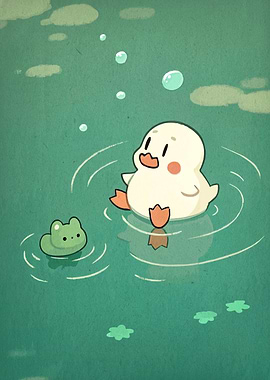 Cute Duck and Frog in Pond