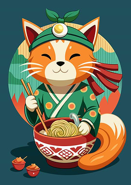 Cartoon Cat Enjoying Ramen