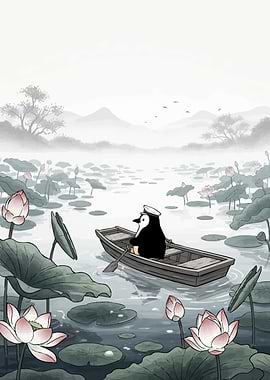 Penguin Boat Lotus Flowers