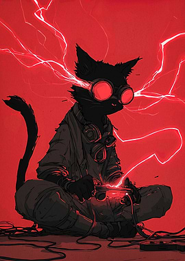 Cyberpunk Cat Gamer with Red Lightning