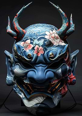 Detailed Oni Mask with Floral Design