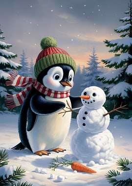 Penguin Building a Snowman in Winter