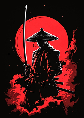 Samurai Warrior with Katana and Red Moon