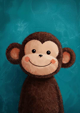 Cute Monkey Portrait on Teal Background