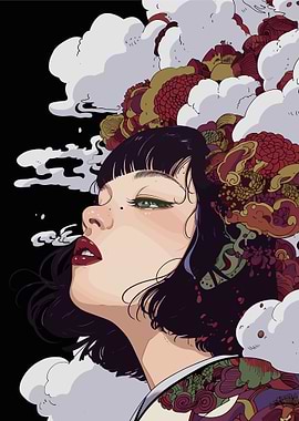 Woman with Floral and Cloud Adornments