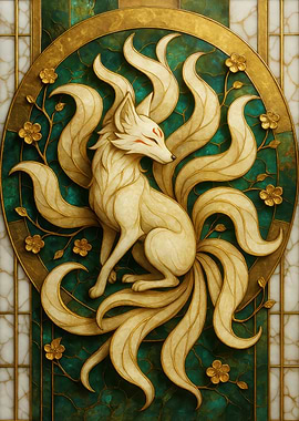 Nine-tailed fox with floral accents