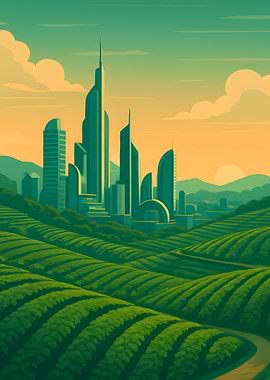 Futuristic Cityscape with Green Fields