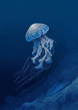 Blue Jellyfish in Deep Ocean Illustration