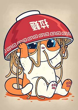 Cartoon Cat with Ramen Bowl Hat