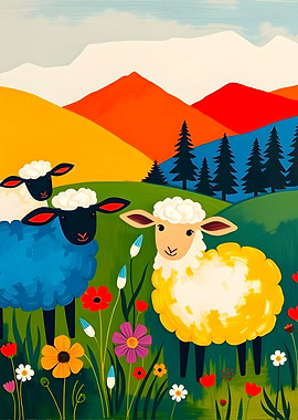 Colorful Sheep in a Mountain Meadow