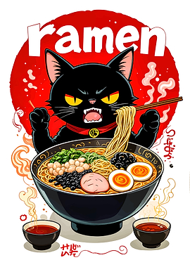 Angry Cat with Ramen Bowl