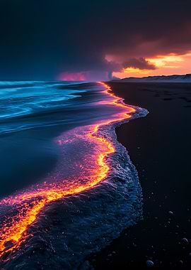 Fiery Waves on Black Sand Beach