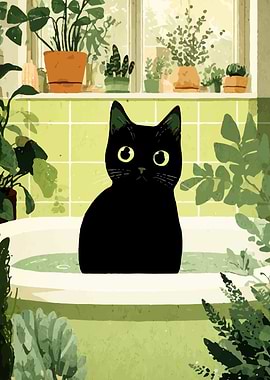 Black cat in a bathtub illustration