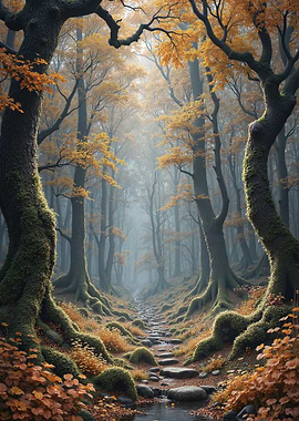 Autumnal Forest Path with Mossy Trees