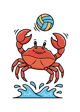Cartoon Crab Playing Volleyball on Water