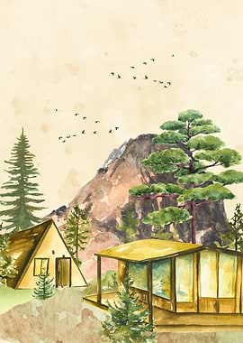 Watercolor Mountain Cabins Landscape Art