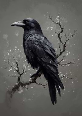 Raven Perched on Winter Branch