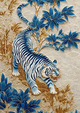 Blue and White Tiger Floral Art