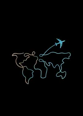 World Map Airplane Travel Line Art