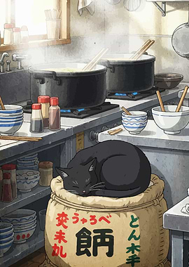 Sleeping Cat in Kitchen Anime Style