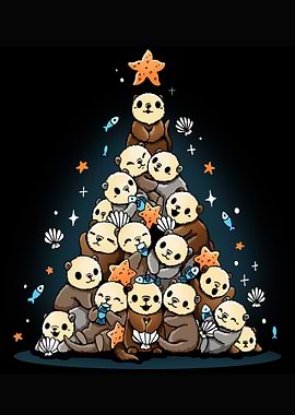 Otter Christmas Tree Cartoon Illustration