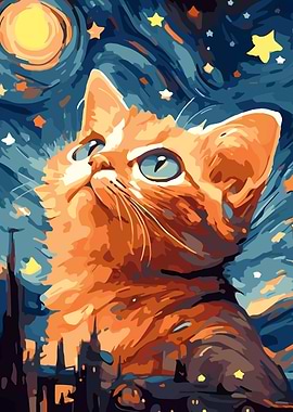 Orange Cat Gazing at Starry Night