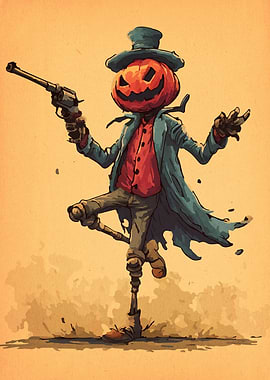 Pumpkin-headed figure with a gun