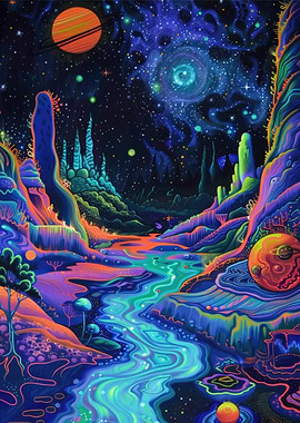 Psychedelic Landscape with River and Planets