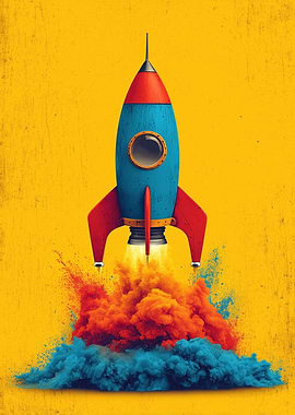 Retro Rocket Launch with Colorful Smoke