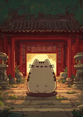Pusheen Cat in Asian Temple Garden