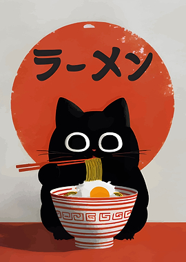 Black Cat Eating Ramen