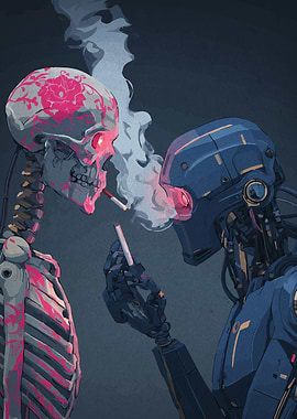 Skeleton and Robot Smoking Cigarettes