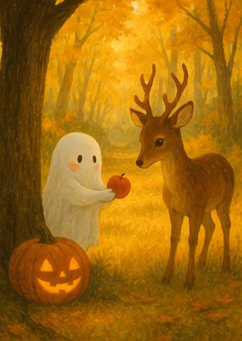 Cute Ghost in Autumn Forest