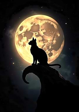 Silhouette of a Cat Under the Moon