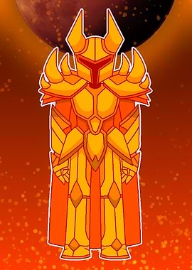 Golden armored warrior on fiery background