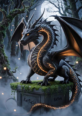 Dragon with Kintsugi-style cracks in forest