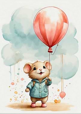 Cute Mouse with Balloon Watercolor Illustration